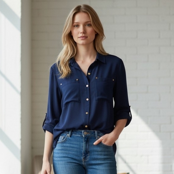 Michael Kors Tops - Michael Kors Navy Button Down Shirt With Fringe Hem